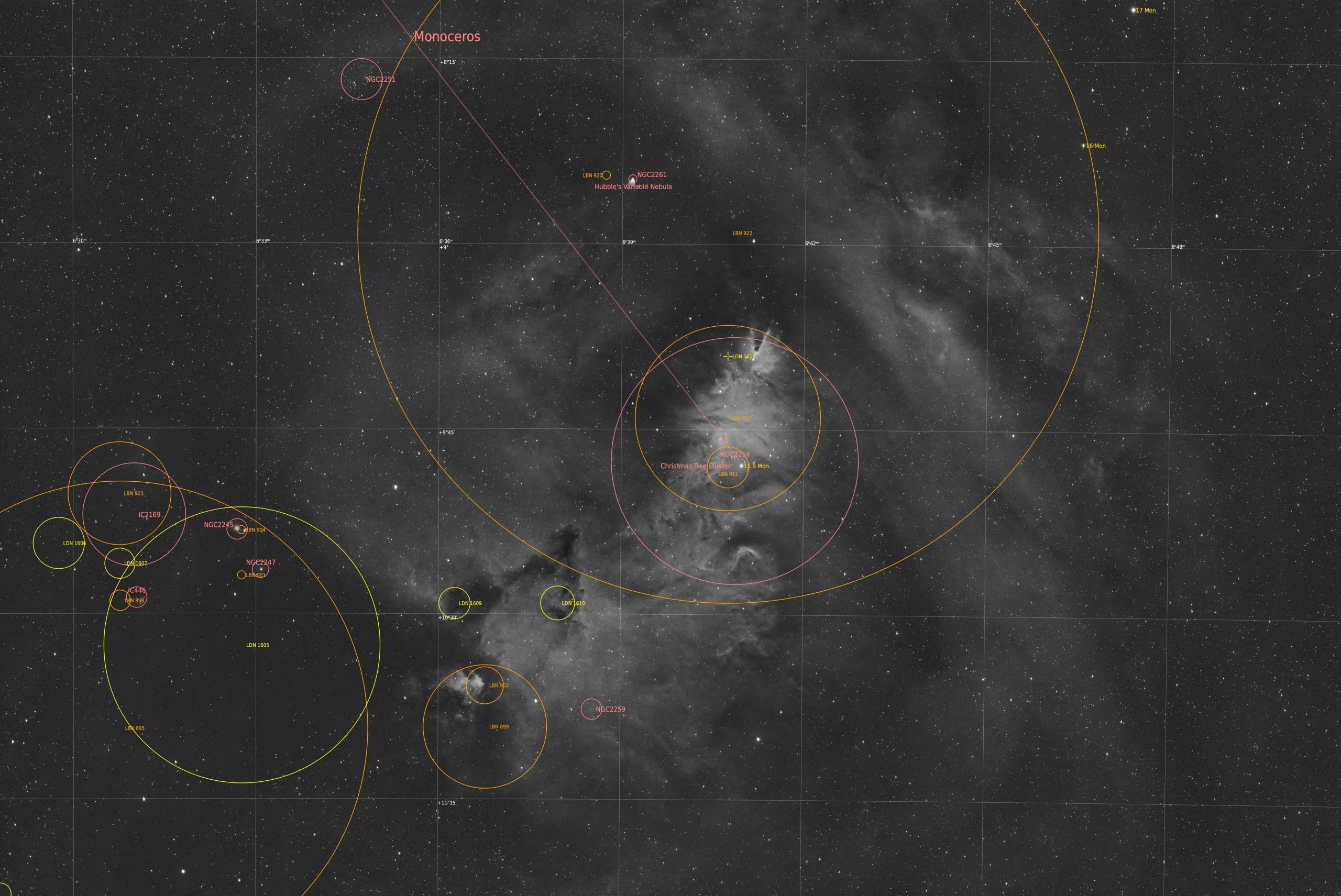 NGC2264 Christmas Tree Cluster and Surrounding Area